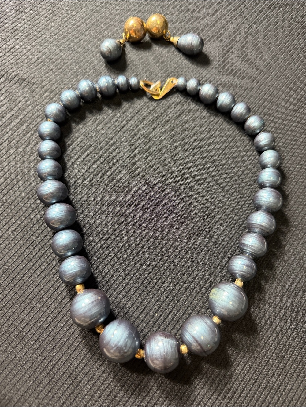 Elegant Dark Gray Beaded Necklace with Gold Accents/ vintage